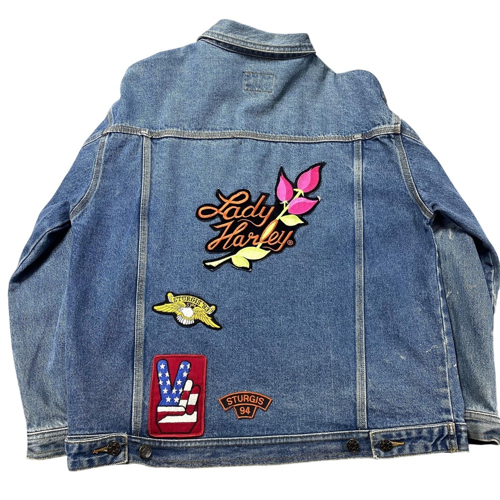 Vintage Sunbelt Jacket Womens Medium Denim Harley Honey Sturgis Patches 90s